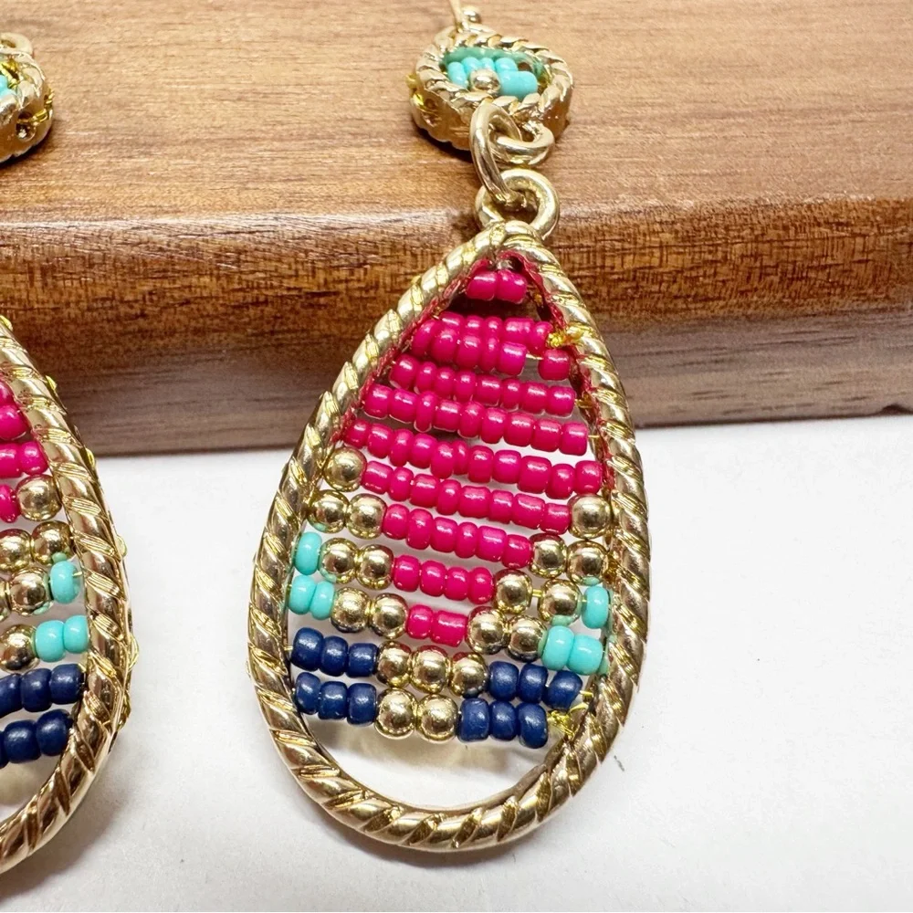 Beaded Tear Drop Dangle Framed Seed Bead Earrings